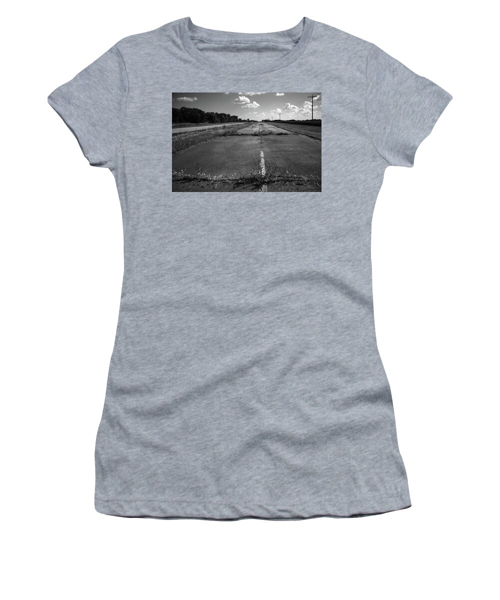 66 Women's T-Shirt featuring the photograph Abandoned Route 66 Circa 2012 BW by Frank Romeo