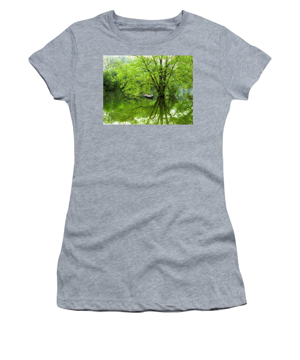Boats Women's T-Shirt featuring the photograph After the Rain on the Valley River II by Debra and Dave Vanderlaan