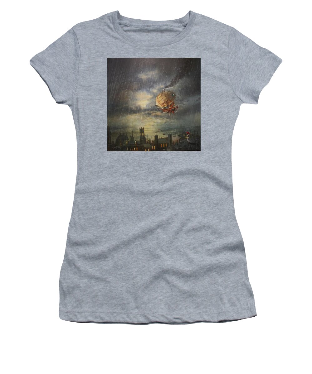 Steampunk Airship Women's T-Shirt featuring the painting Airship In The Rain by Tom Shropshire