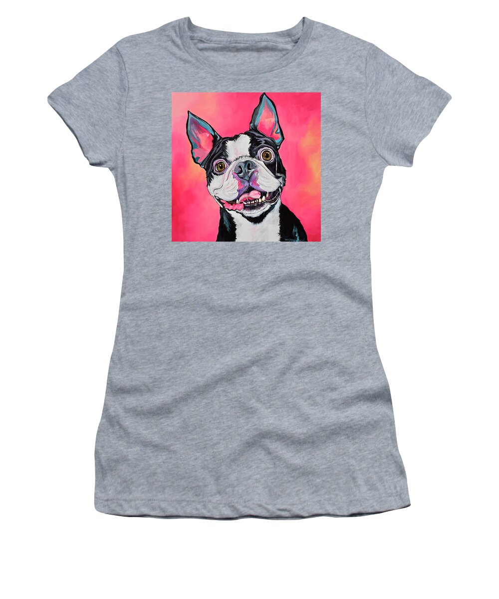 Boston Terrier Women's T-Shirt featuring the painting All Smiles by Patti Schermerhorn