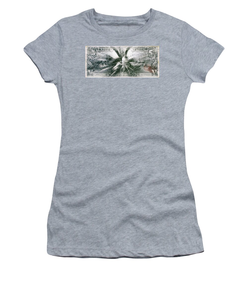 Travelpixpro Women's T-Shirt featuring the digital art American 1896 Five Dollar Bill Silver Certificate Currency Starburst Artwork by Shawn O'Brien