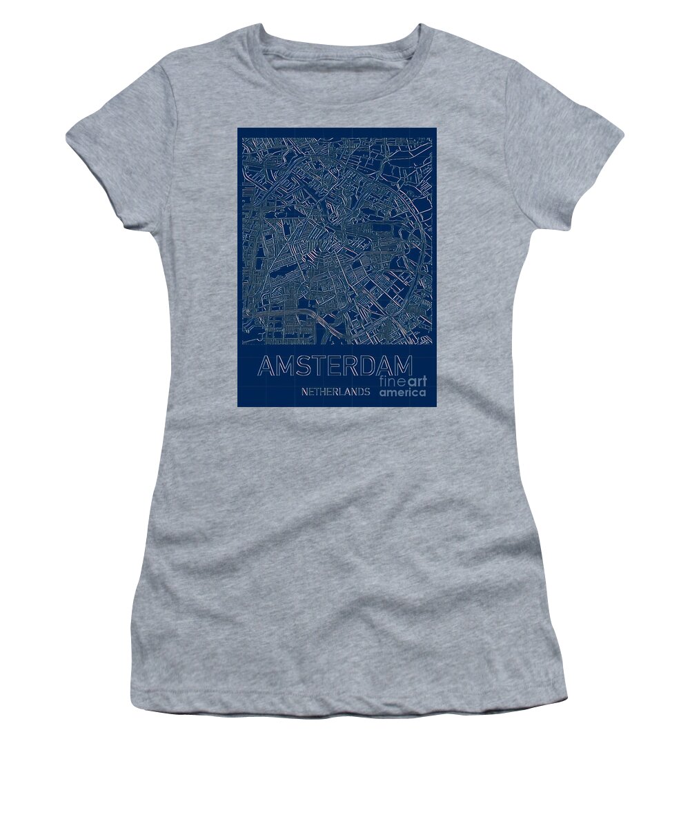 Amsterdam Women's T-Shirt featuring the digital art Amsterdam Blueprint City Map by HELGE Art Gallery