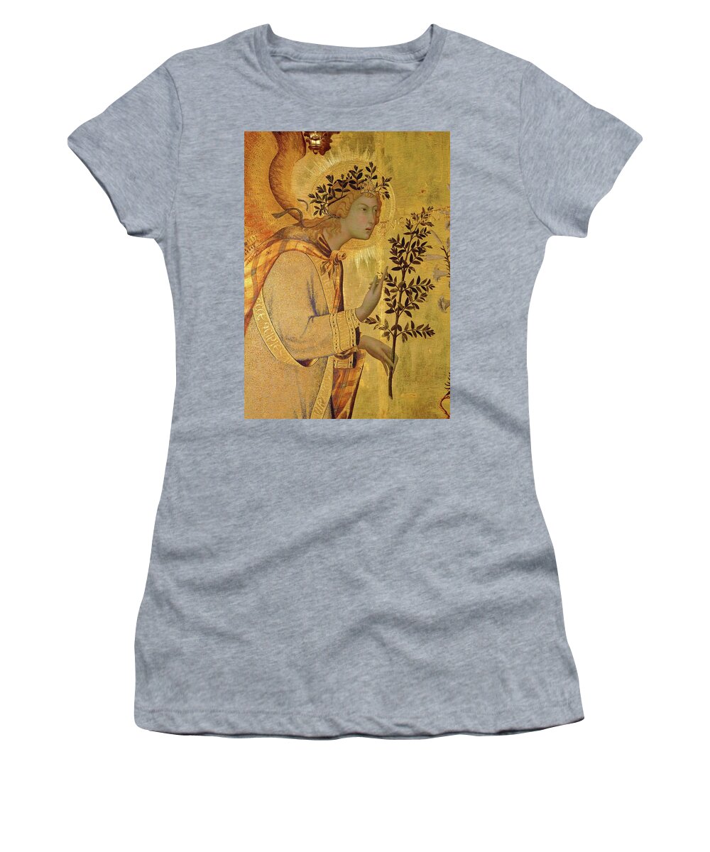 Archangel Gabriel Women's T-Shirt featuring the painting Annunciation. Detail the Angel of the Annunciation. by Simone Martini -c 1284-1344-