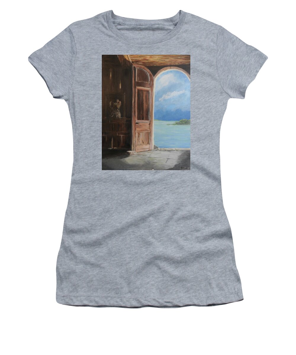 Ocean Women's T-Shirt featuring the painting Antigua Dream Door by Deborah Smith