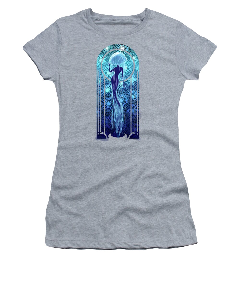 Jellyfish Women's T-Shirt featuring the painting Art deco jellyfish woman by Sassan Filsoof
