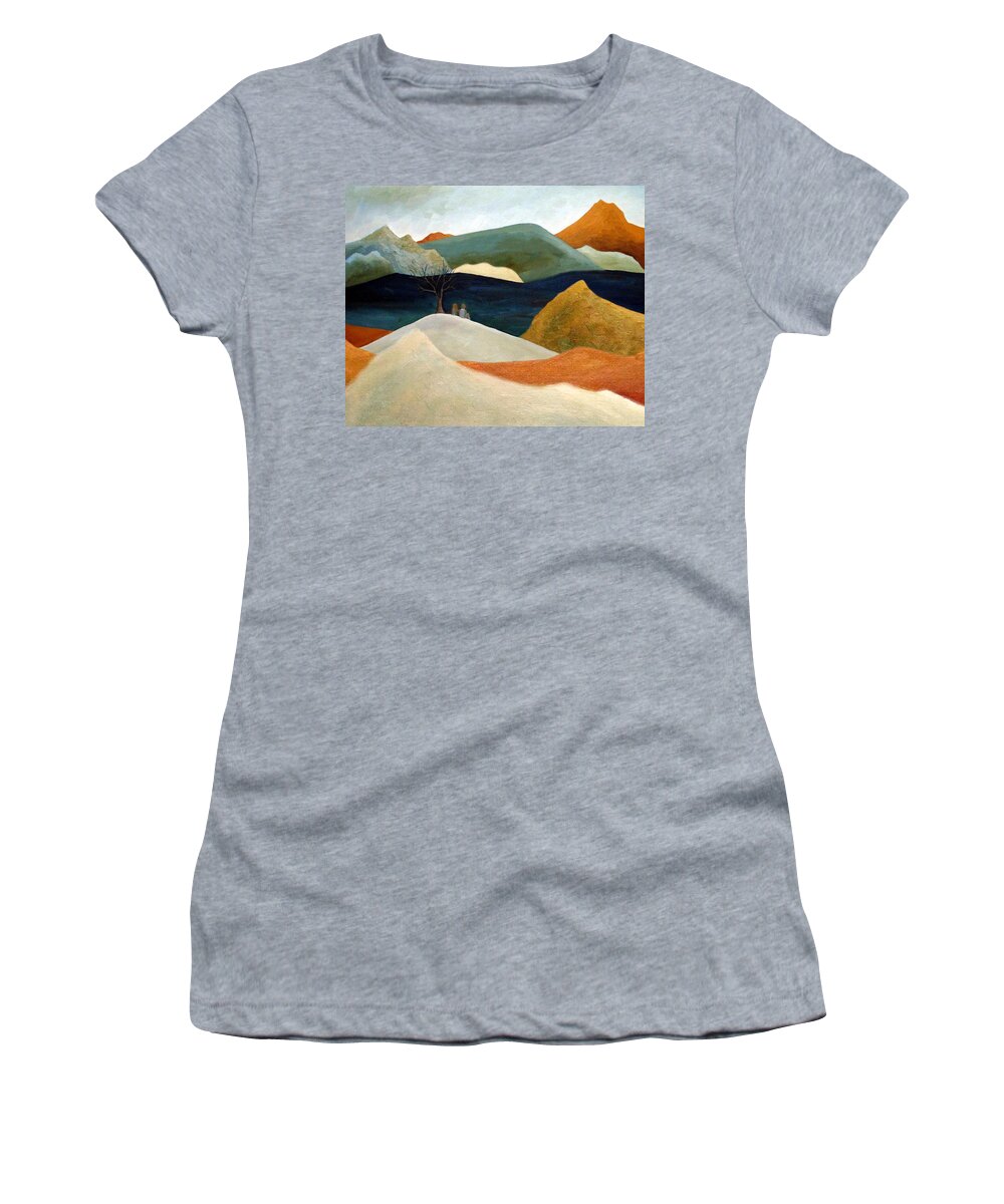 Mountains Women's T-Shirt featuring the painting Us Two With A View by Angeles M Pomata