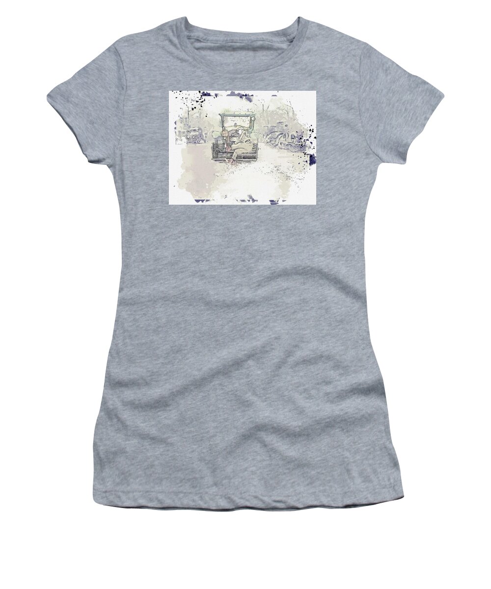 Car Women's T-Shirt featuring the painting Auto safety device demonstration , Harris  Ewing, photographer watercolor by Ahmet Asar by Celestial Images
