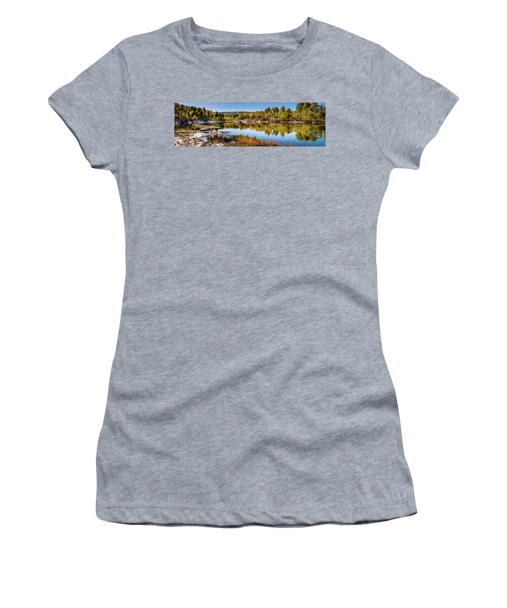 Ivie Women's T-Shirt featuring the photograph Autumn at Ivie Pond Panoramic. Wasatch Mountains, Utah by TL Mair