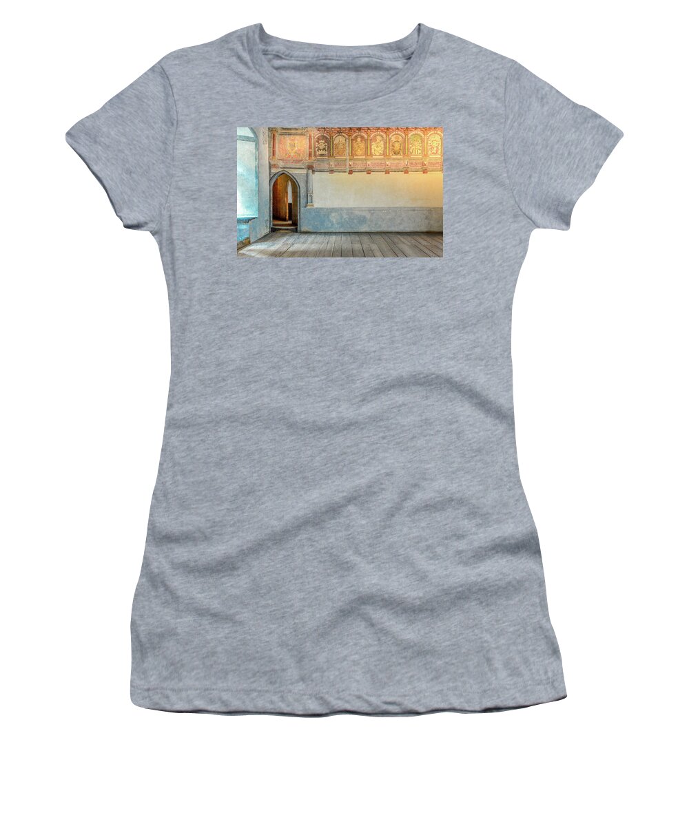 Chateau Chillon Women's T-Shirt featuring the photograph Hall of the Bailiffs, Chateau Chillon by Marcy Wielfaert