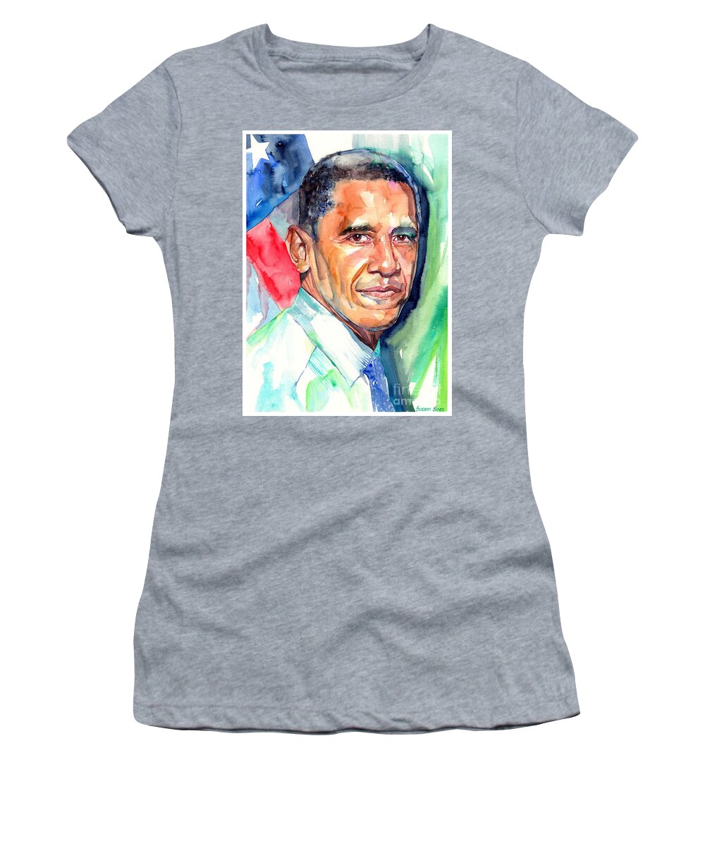 Barack Obama Women's T-Shirt featuring the painting Barack Obama Watercolor by Suzann Sines