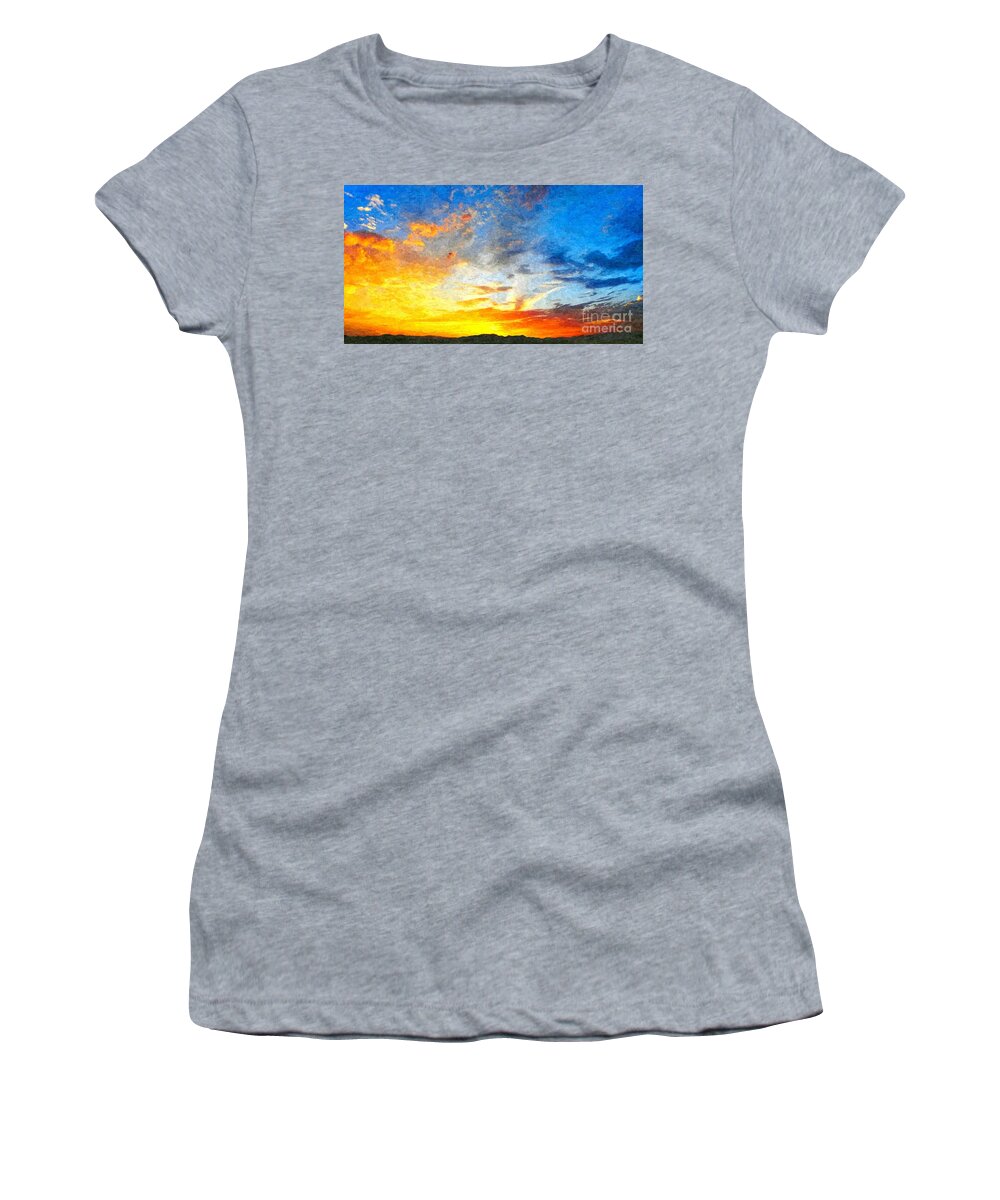 Background Women's T-Shirt featuring the photograph Beautiful sunset in landscape in nature with warm sky, digital a by Joaquin Corbalan