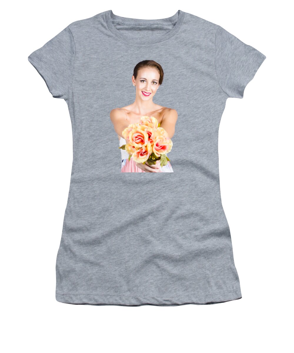Florist Women's T-Shirt featuring the photograph Beautiful woman holding florist flowers by Jorgo Photography