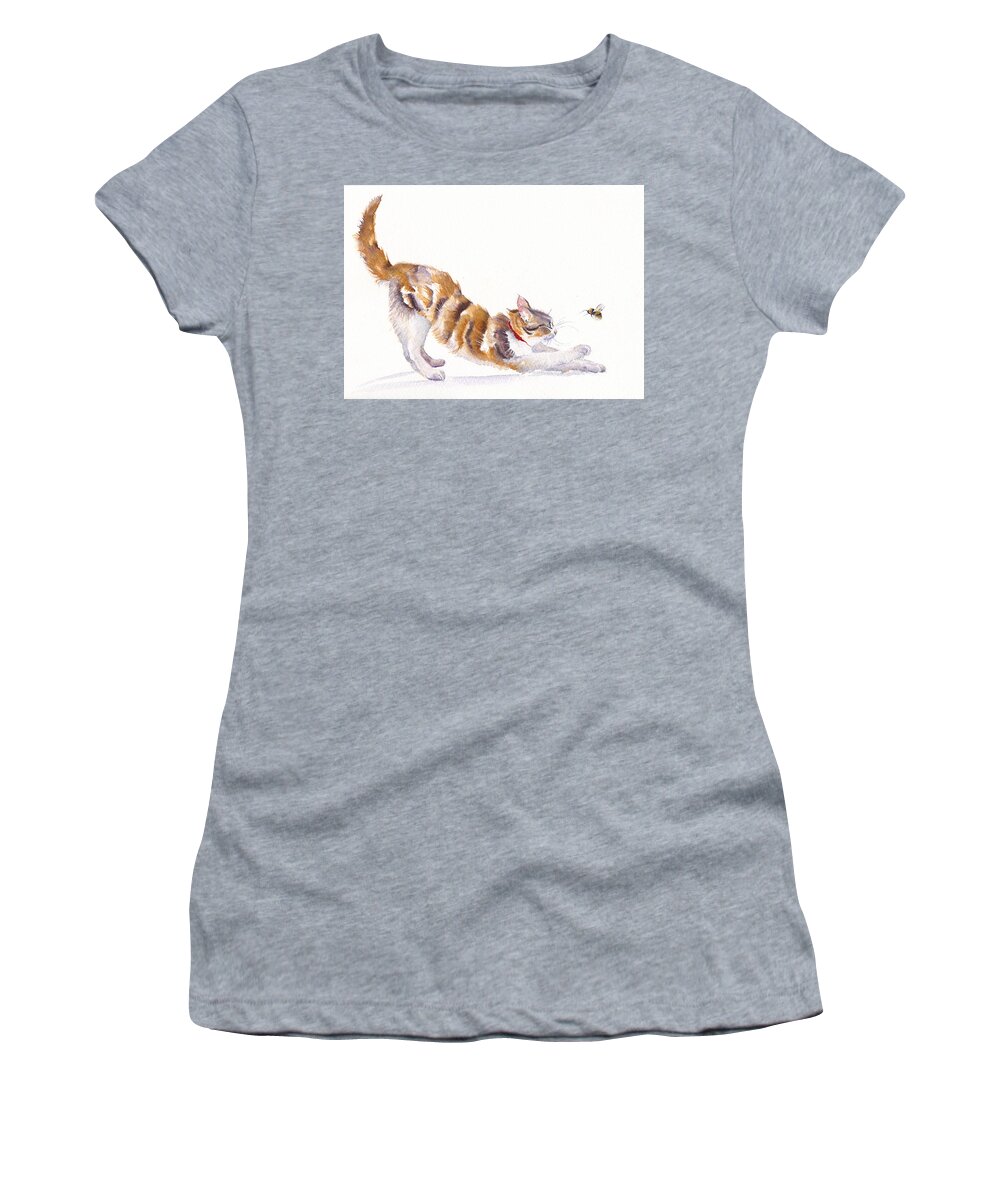 Cats Women's T-Shirt featuring the painting Stretching Cat - Bee Humble by Debra Hall