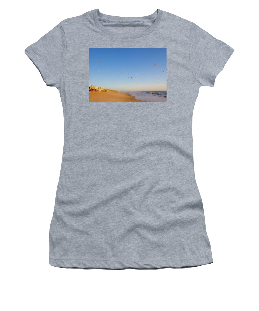 Carlsbad Village Beach Women's T-Shirt featuring the photograph 5 O'clock Bird Flight by Catherine Walters