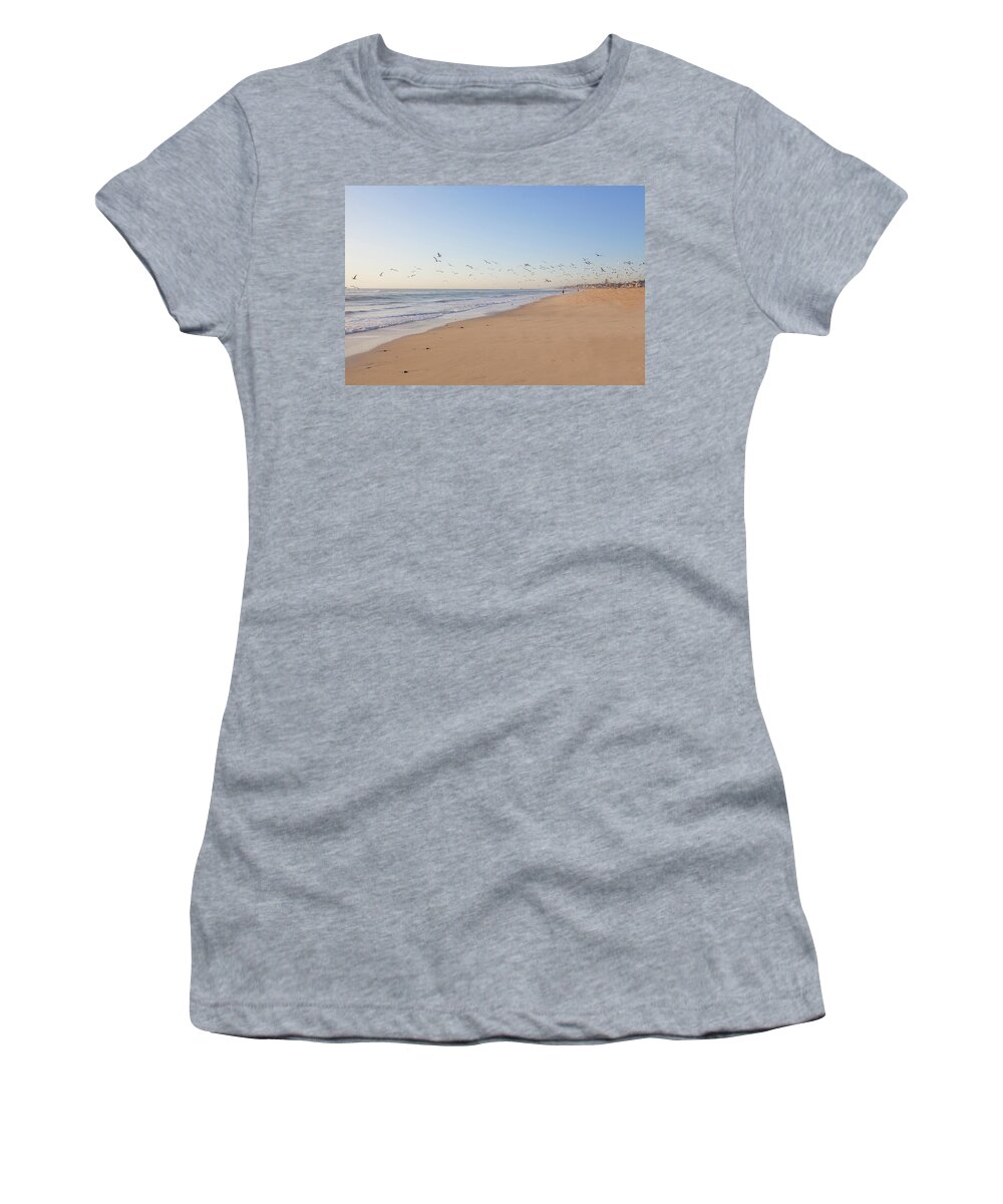 Carlsbad Village Beach Women's T-Shirt featuring the photograph 6 O'clock Bird Flight by Catherine Walters
