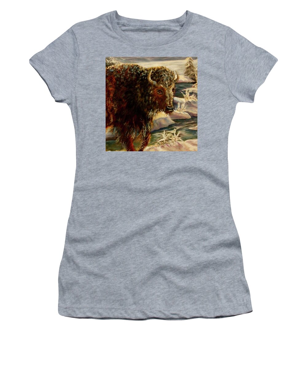 Bison In The Depths Of Winter In Yellowstone National Park Women's T-Shirt featuring the painting Bison In The Depths Of Winter in Yellowstone National Park by Philip And Robbie Bracco
