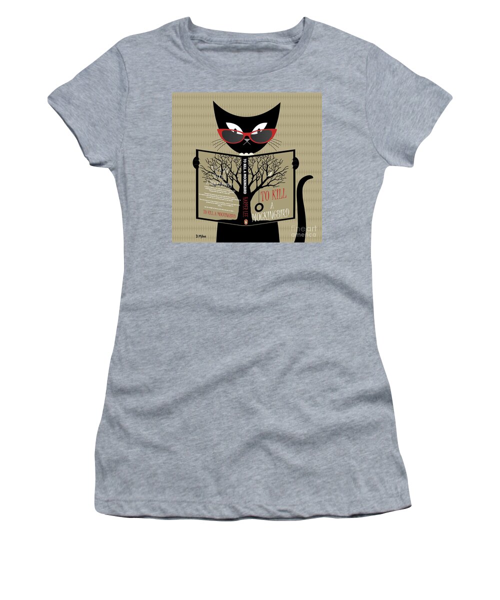 Mid Century Modern Women's T-Shirt featuring the digital art Black Cat Reading by Donna Mibus
