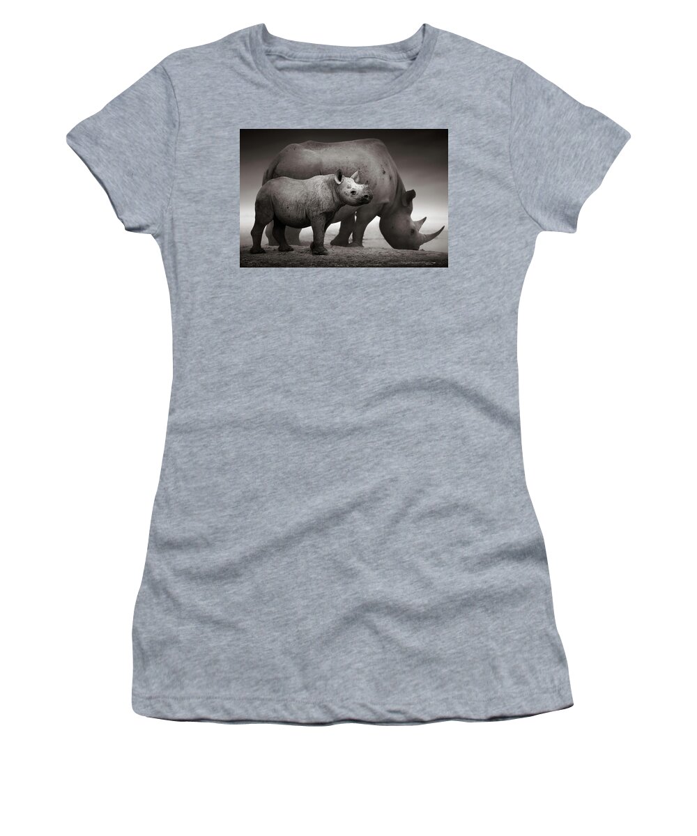 Wild Women's T-Shirt featuring the photograph Black Rhinoceros baby and cow by Johan Swanepoel