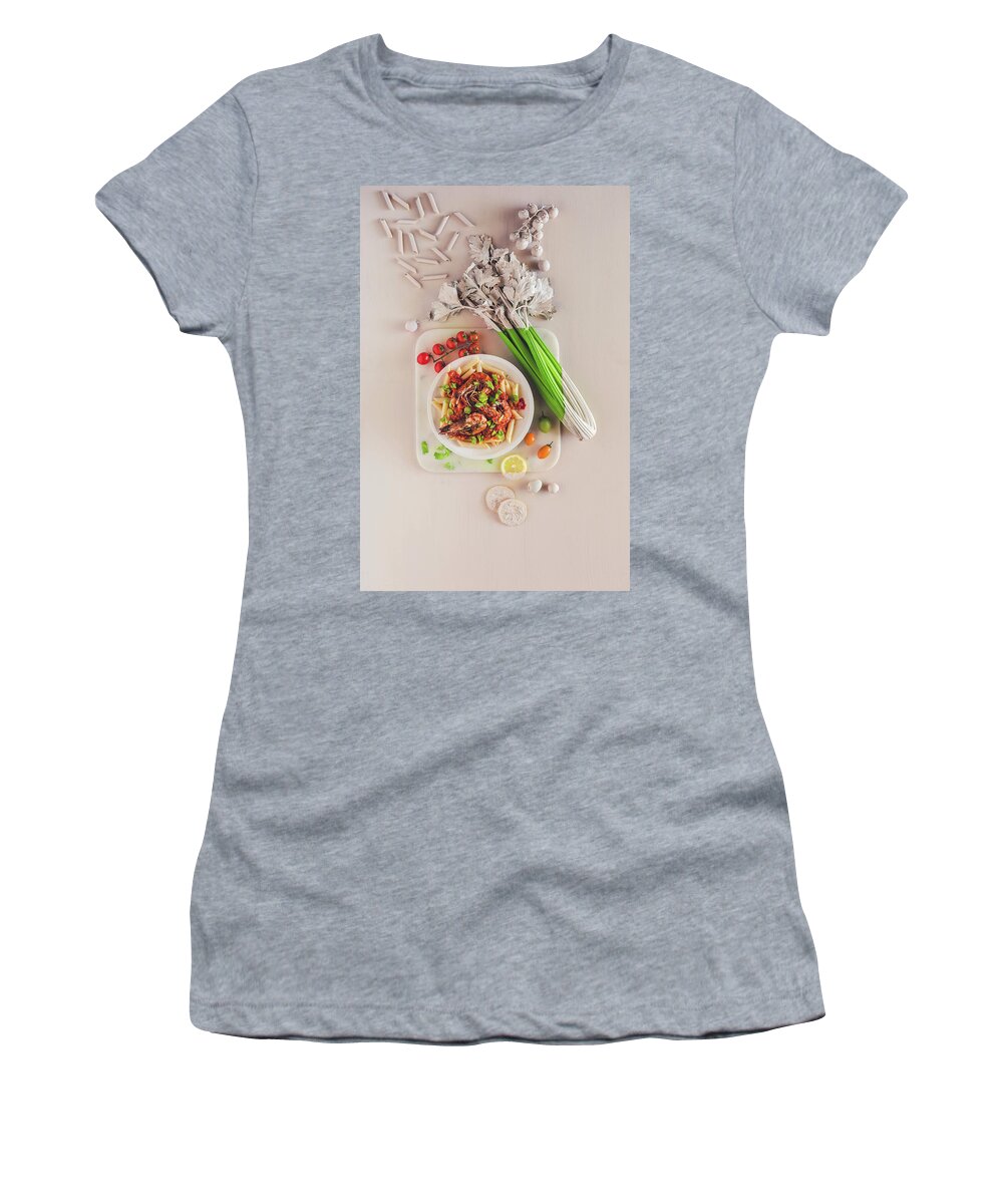 Ip_12594426 Women's T-Shirt featuring the photograph Bloody Mary Pasta With Shrimps by Great Stock!