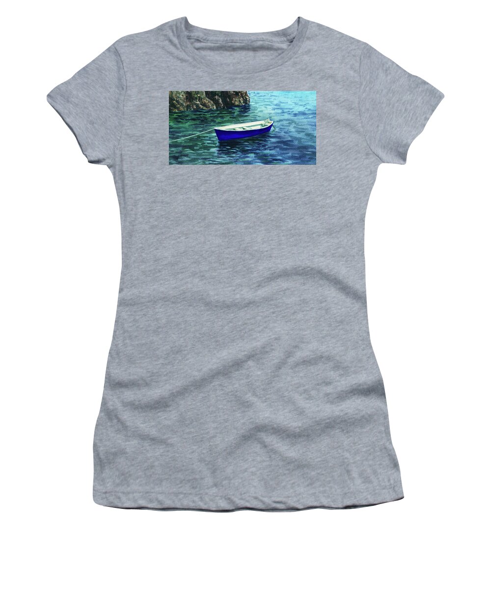Blue Women's T-Shirt featuring the painting Blue Boat Green Shore Emerald Grotto by Irina Sztukowski