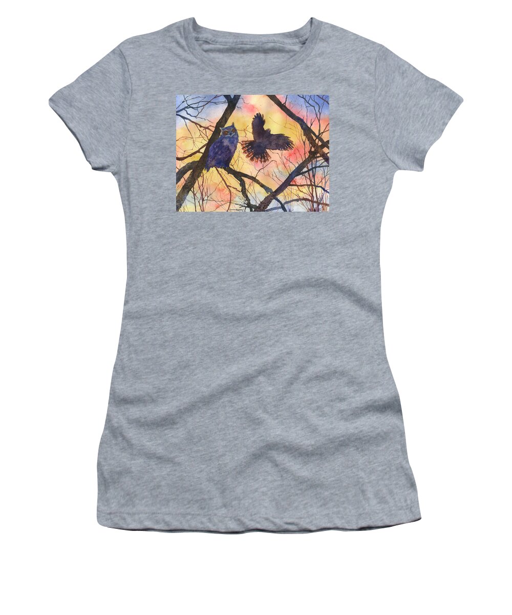Owl Painting Women's T-Shirt featuring the painting Blue Owl by Anne Gifford