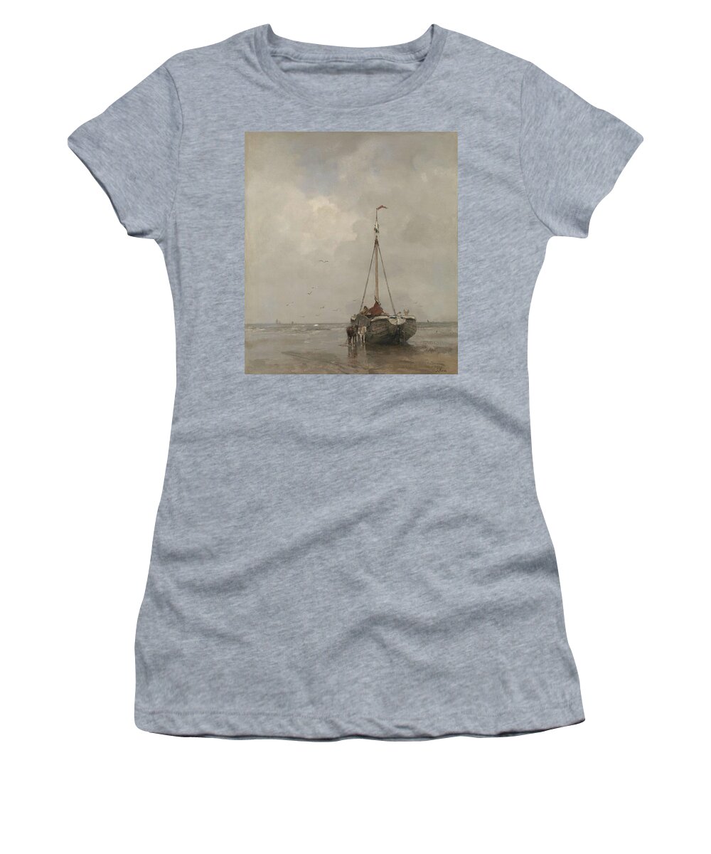 Canvas Women's T-Shirt featuring the painting Bluff-bowed Fishing Boat on the Beach at Scheveningen. Bomschuit op het Scheveningse strand. Dati... by Jacob Maris -1837-1899-