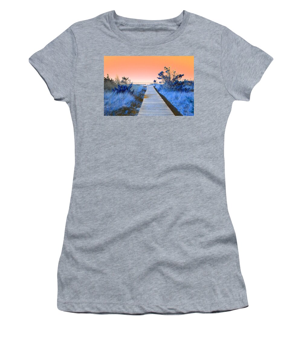 Boardwalk Women's T-Shirt featuring the mixed media Boardwalk to the Bay by Stacie Siemsen