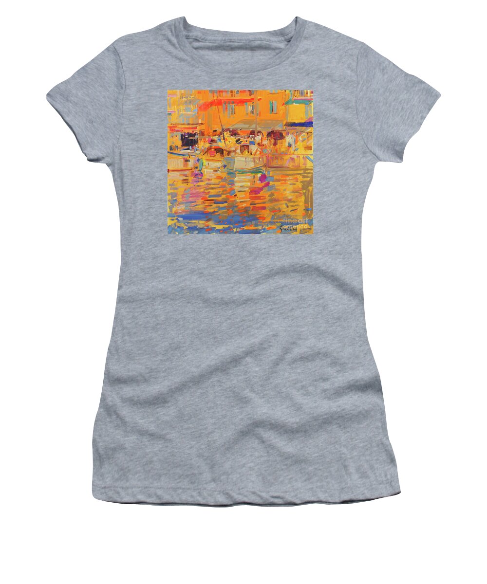 Yellow Women's T-Shirt featuring the painting Boats in Harbor, Saint Tropez by Peter Graham