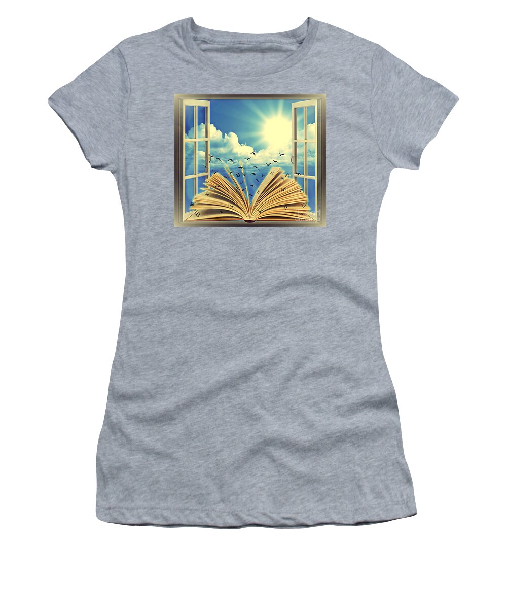 Book Women's T-Shirt featuring the digital art Books as a Window to the World by Binka Kirova