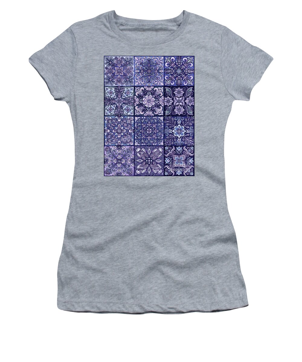 Ornamental Women's T-Shirt featuring the painting Botanical Mandala Tiles 3 Cool Blues by Amy E Fraser