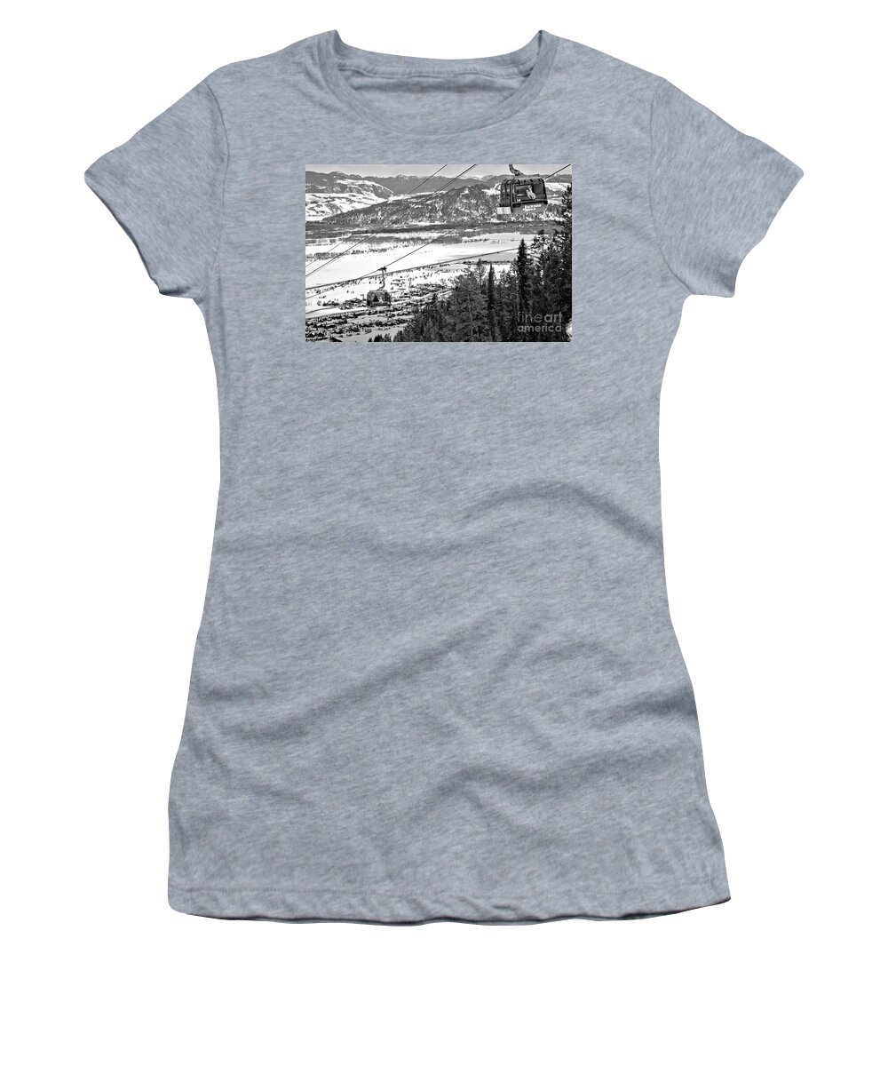 Jackson Hole Women's T-Shirt featuring the photograph Bridger Gondola Cable Cars Black And White by Adam Jewell