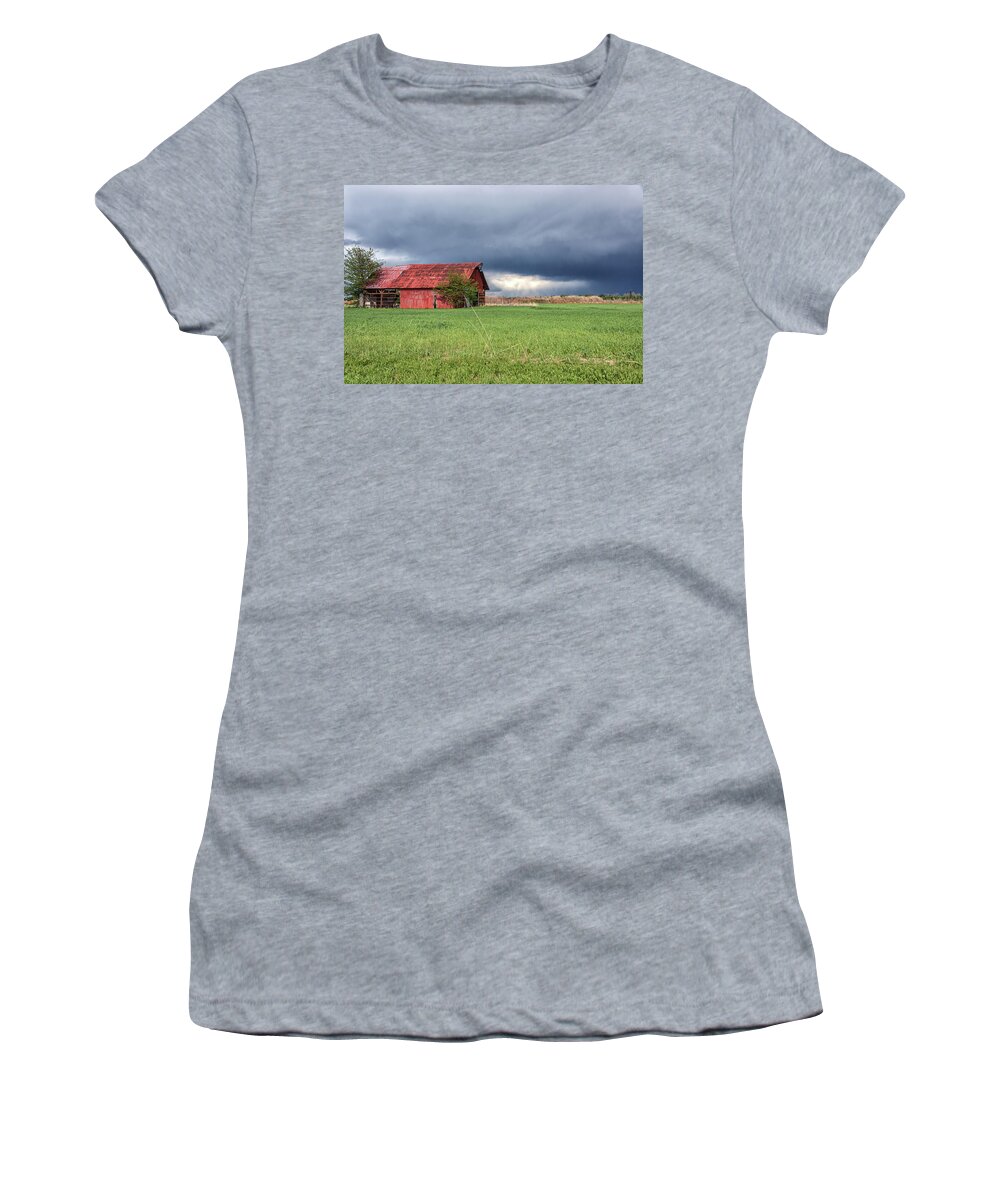 Broken Women's T-Shirt featuring the photograph Broken Arrow OK Red Barn Storm by Bert Peake