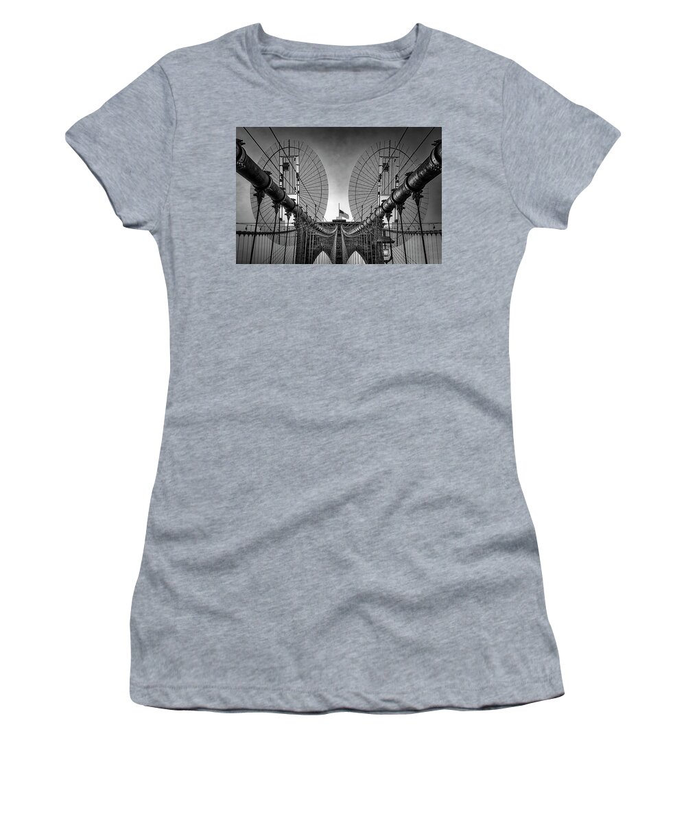 Brooklyn Bridge Women's T-Shirt featuring the photograph Brooklyn Bridge NYC Details BW by Susan Candelario