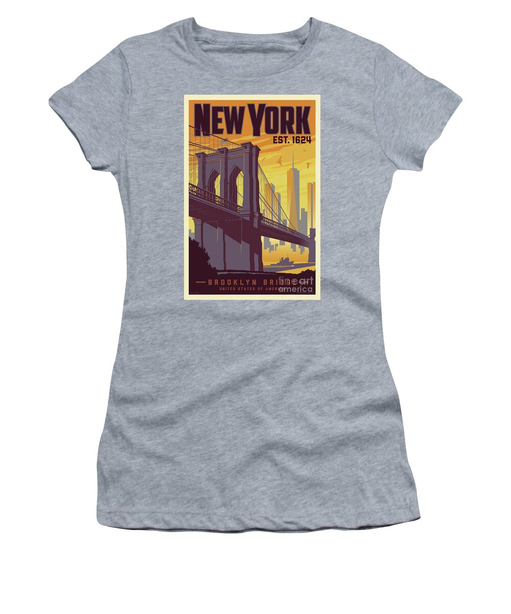 Travel Poster Women's T-Shirt featuring the digital art Brooklyn Bridge Poster - New York Vintage by Jim Zahniser
