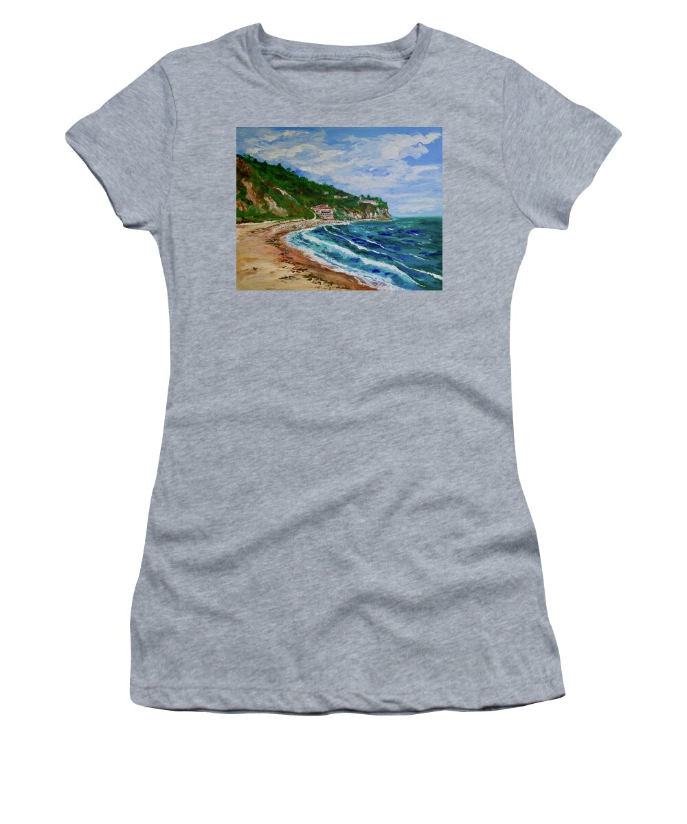 Burnout Beach Women's T-Shirt featuring the painting Burnout Beach, Redondo Beach California by Tom Roderick