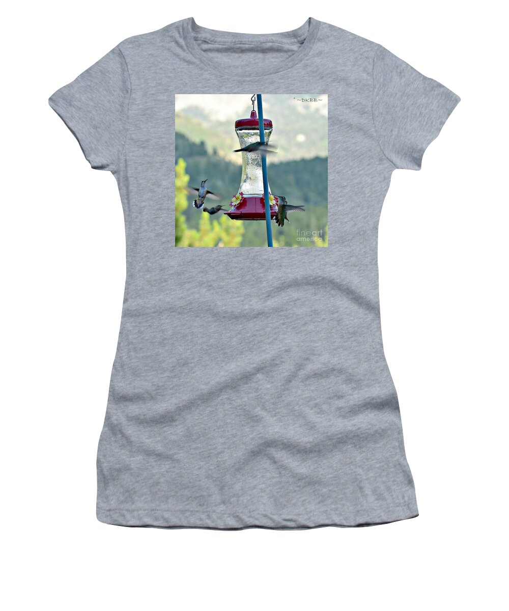Hummingbirds Women's T-Shirt featuring the photograph Busy Time at the Feeder by Dorrene BrownButterfield