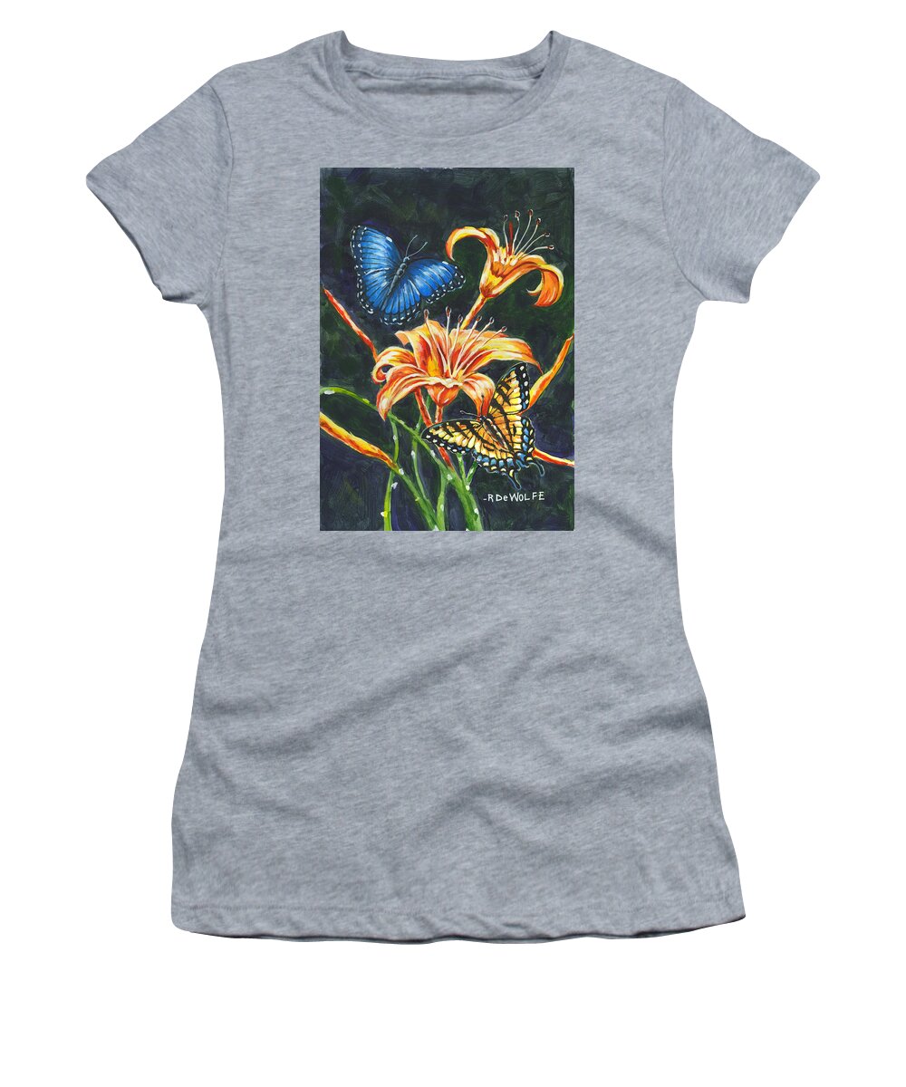 Butterfly Women's T-Shirt featuring the painting Butterflies And Flowers Sketch by Richard De Wolfe