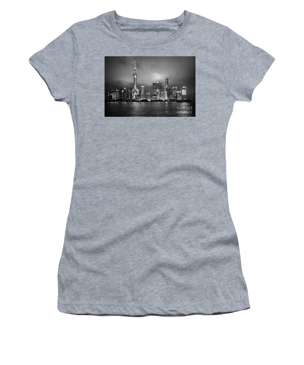  China Shanghai Women's T-Shirt featuring the photograph BW Skyline in Shanghai by Steven Liveoak