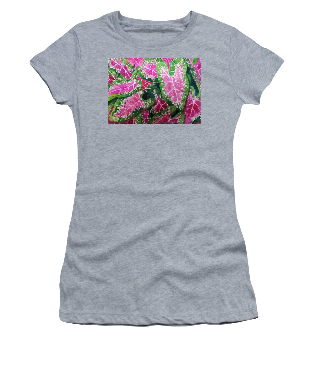 Caladiums Women's T-Shirt featuring the painting Caladiums in Abundance by Ann Frederick