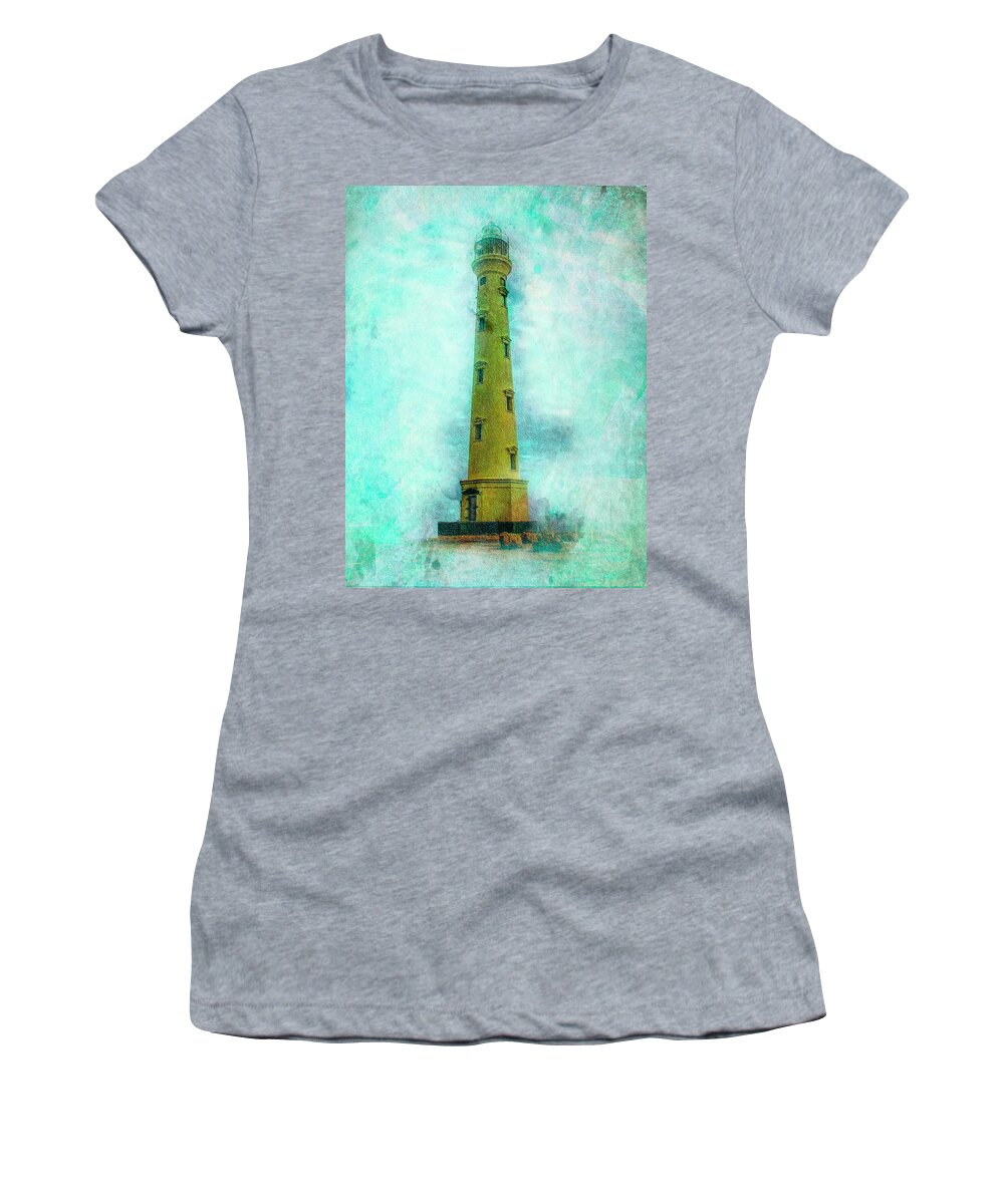 California Lighthouse Women's T-Shirt featuring the digital art California Lighthouse Aruba by Pheasant Run Gallery