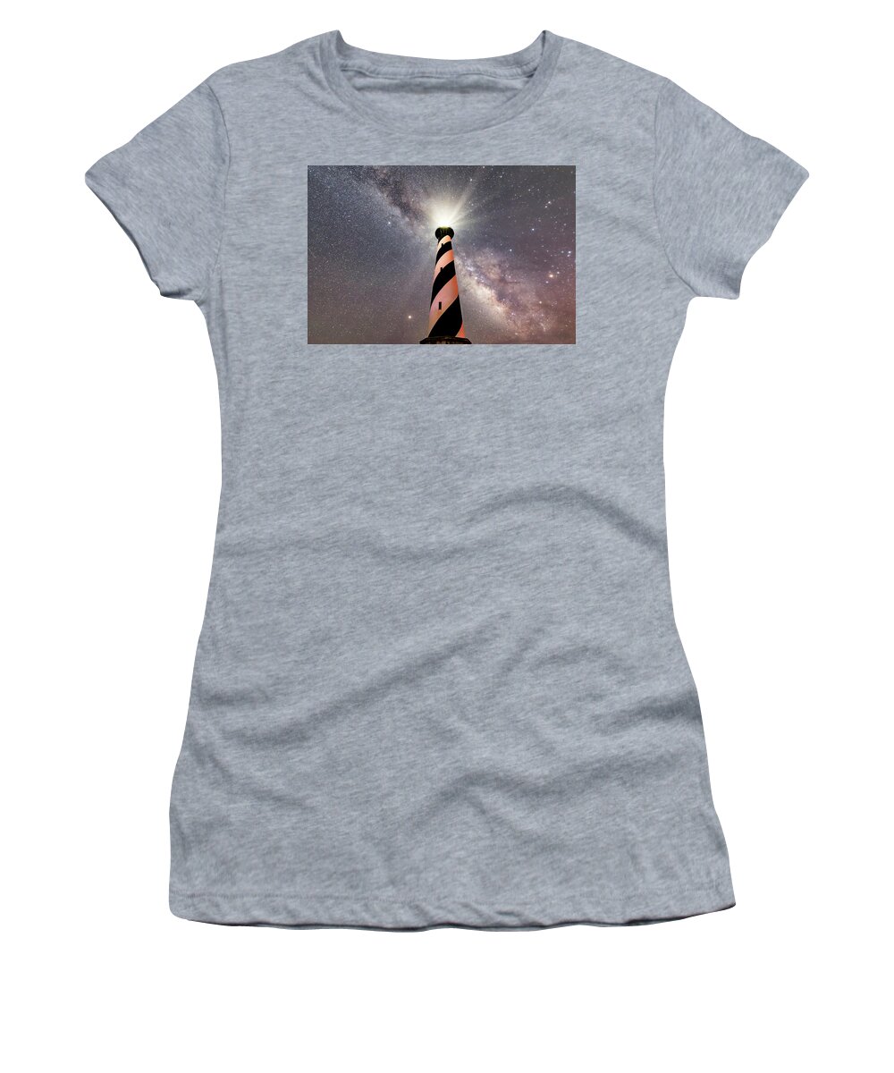 Light Women's T-Shirt featuring the photograph Cape Hatteras Lighthouse Shining on the Milky Way by Anthony Doudt