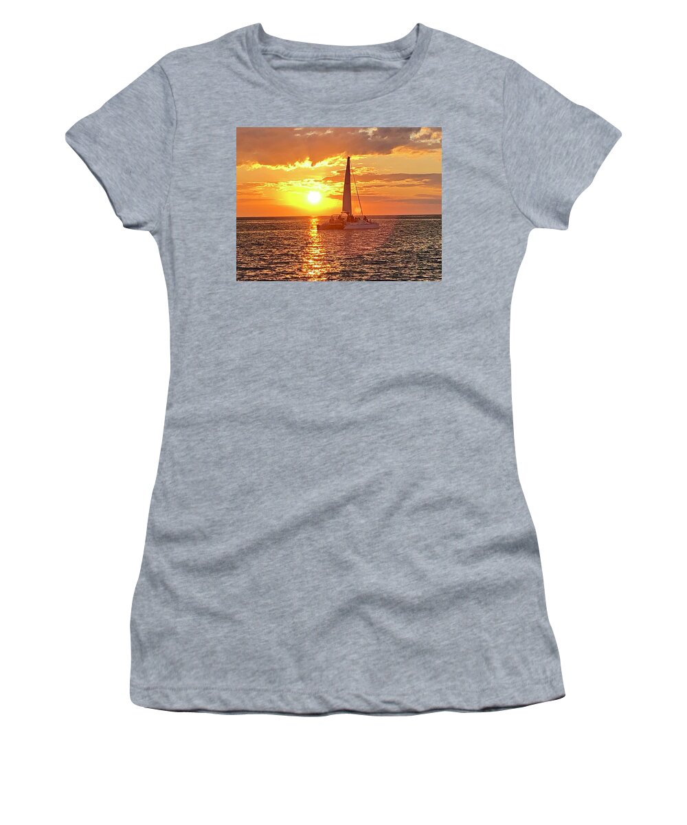 Beach Women's T-Shirt featuring the photograph Catamaran Sailing Past Sunset in Captiva Island Florida 2019 by Shelly Tschupp