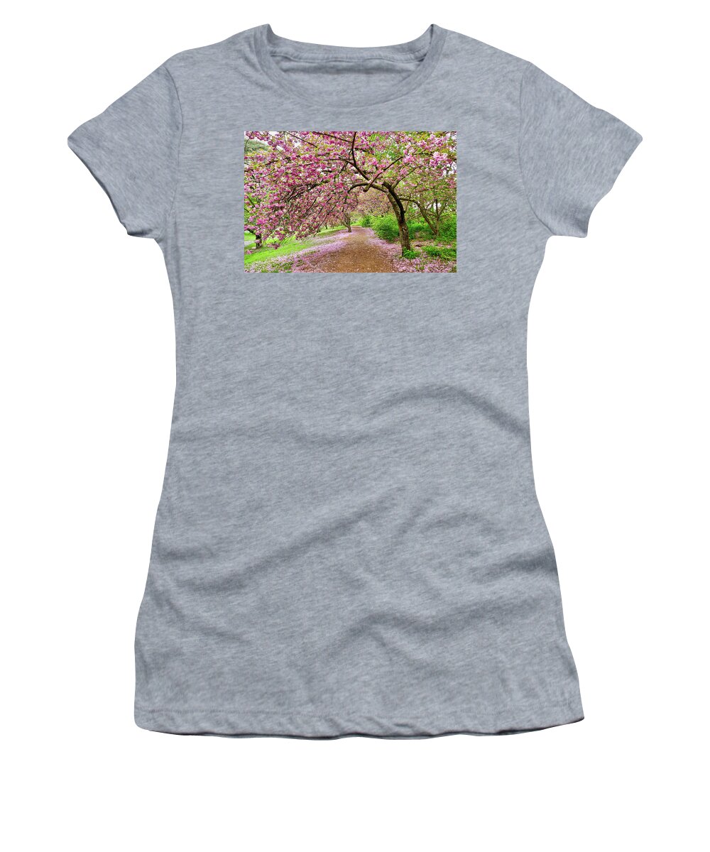 Color Photography Cherry Blossoms Trees Women's T-Shirt featuring the photograph Central Park Cherry blossoms by Joan Reese
