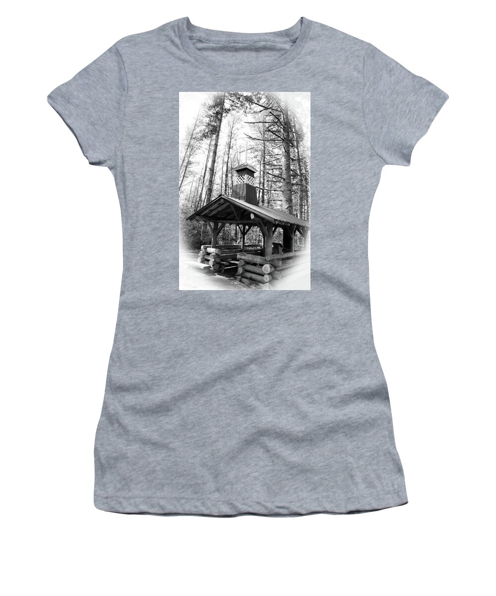 Black And White Women's T-Shirt featuring the photograph Chapel In The Woods Version One by Tikvah's Hope