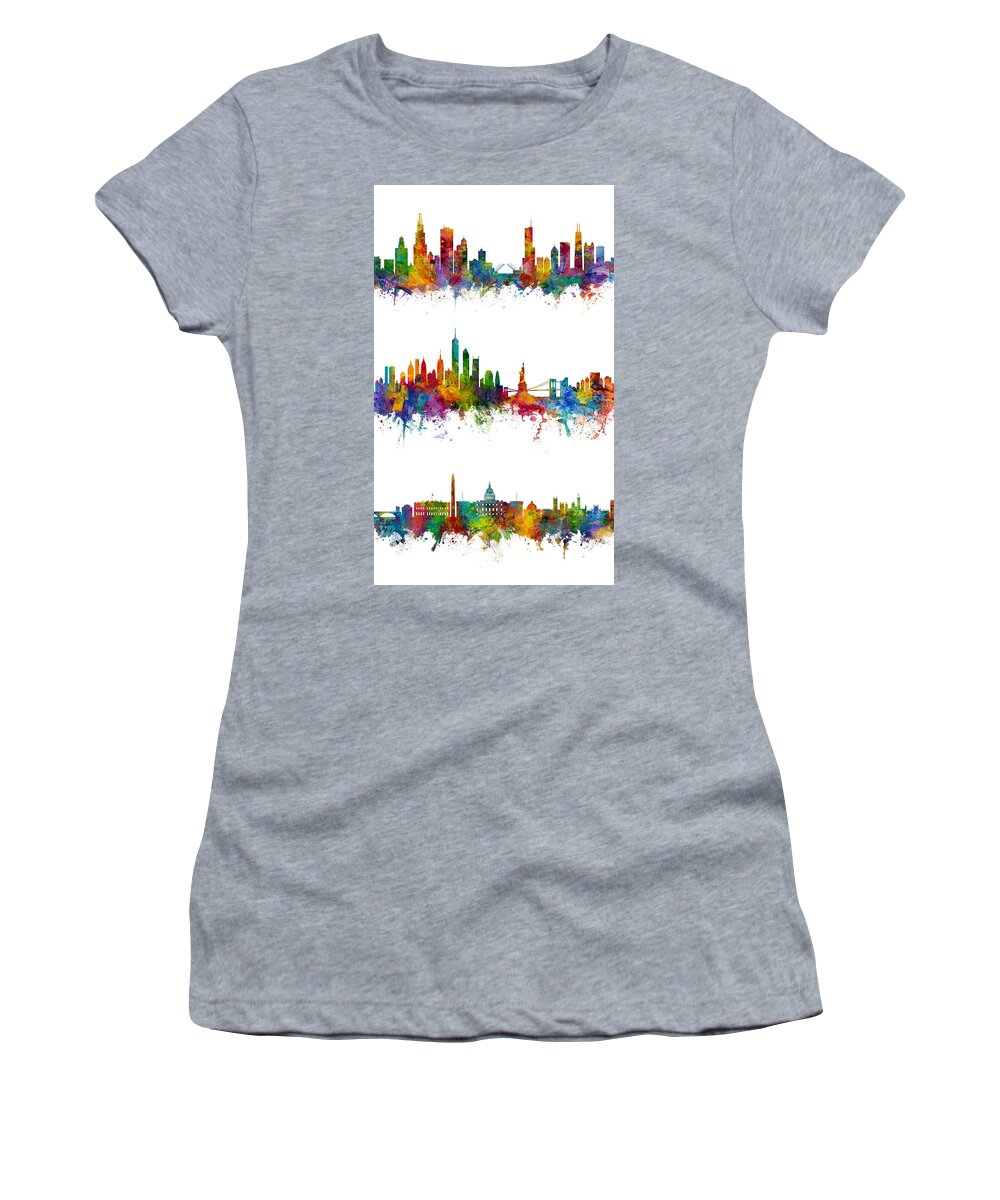 Chicago Women's T-Shirt featuring the digital art Chicago New York and Washington DC Skyline trio Skyline by Michael Tompsett
