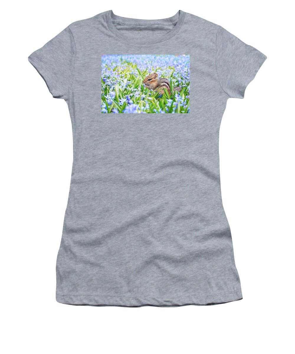 Chipmunk Women's T-Shirt featuring the photograph Chipmunk on flowers by Top Wallpapers