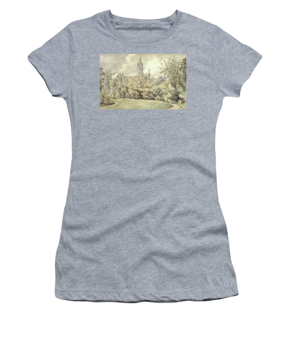 Grass Women's T-Shirt featuring the painting Christ Church Cathedral From The Deans Garden, 10 June 1775 Watercolor by John Baptist Malchair