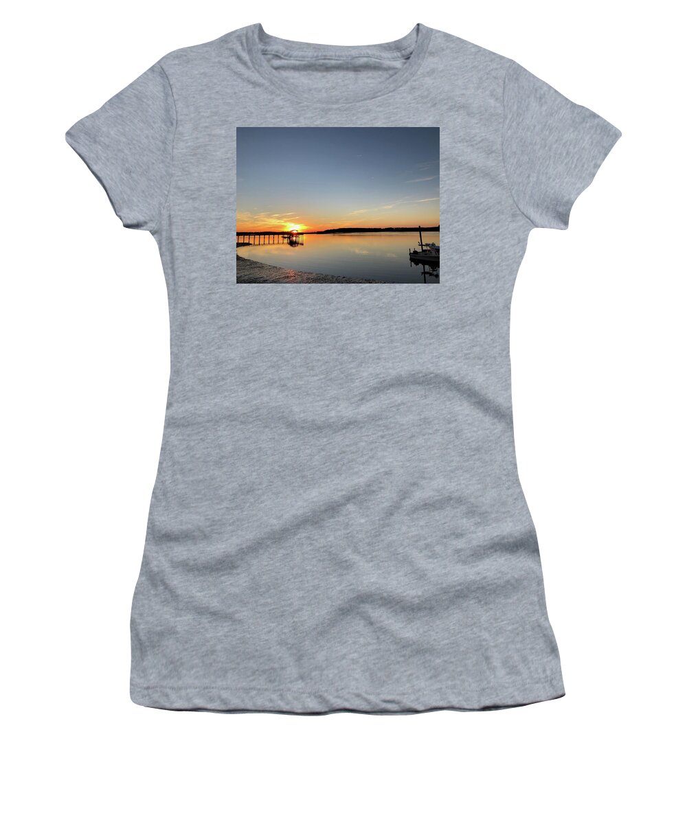 Sunset Women's T-Shirt featuring the photograph Sunset at Hudson's Seafood On The Docks by Dennis Schmidt
