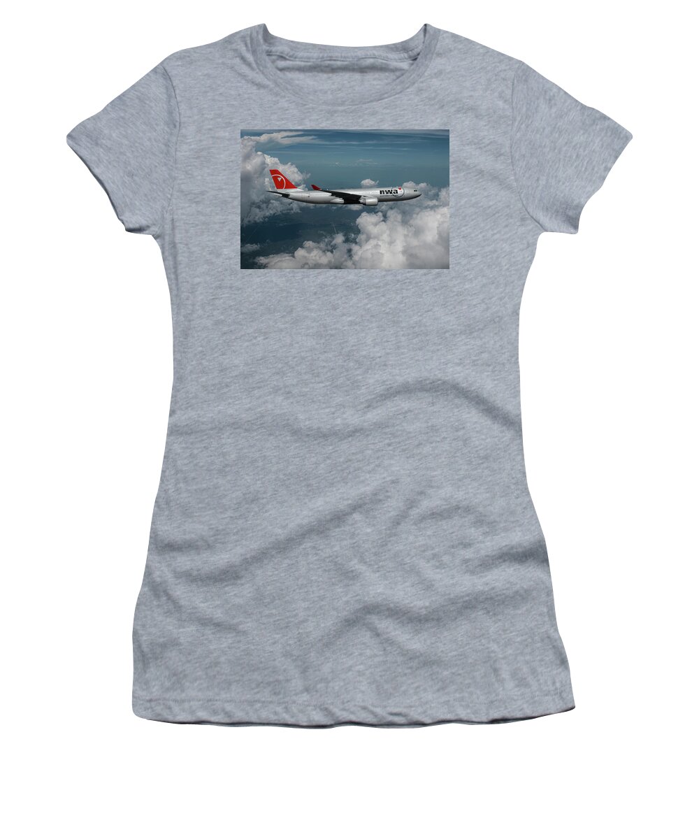 Northwest Orient Airlines Women's T-Shirt featuring the mixed media Classic Northwest Airbus A330 by Erik Simonsen