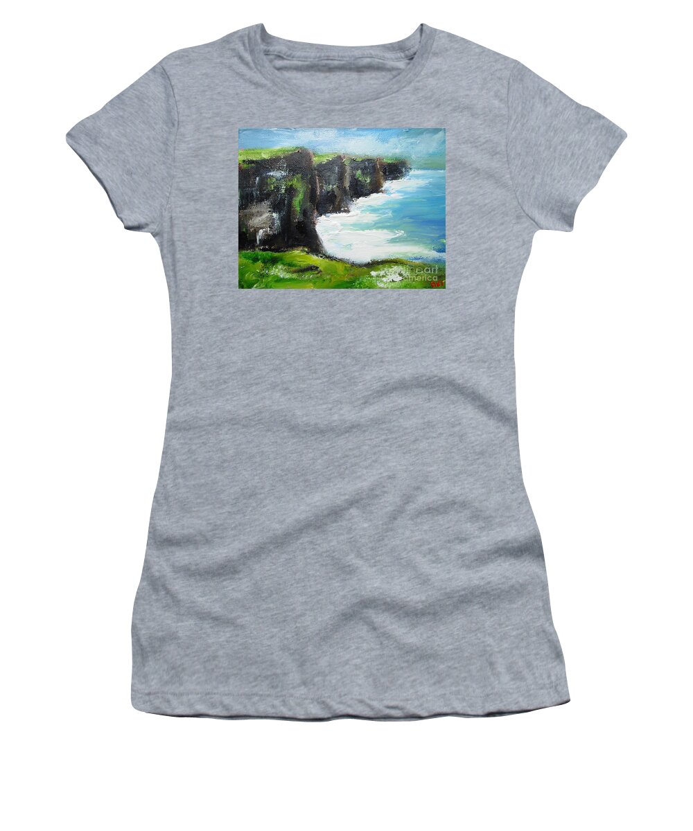 Cliffs Of Moher Women's T-Shirt featuring the painting Painting Of Cliffs Of Moher Painting by Mary Cahalan Lee - aka PIXI